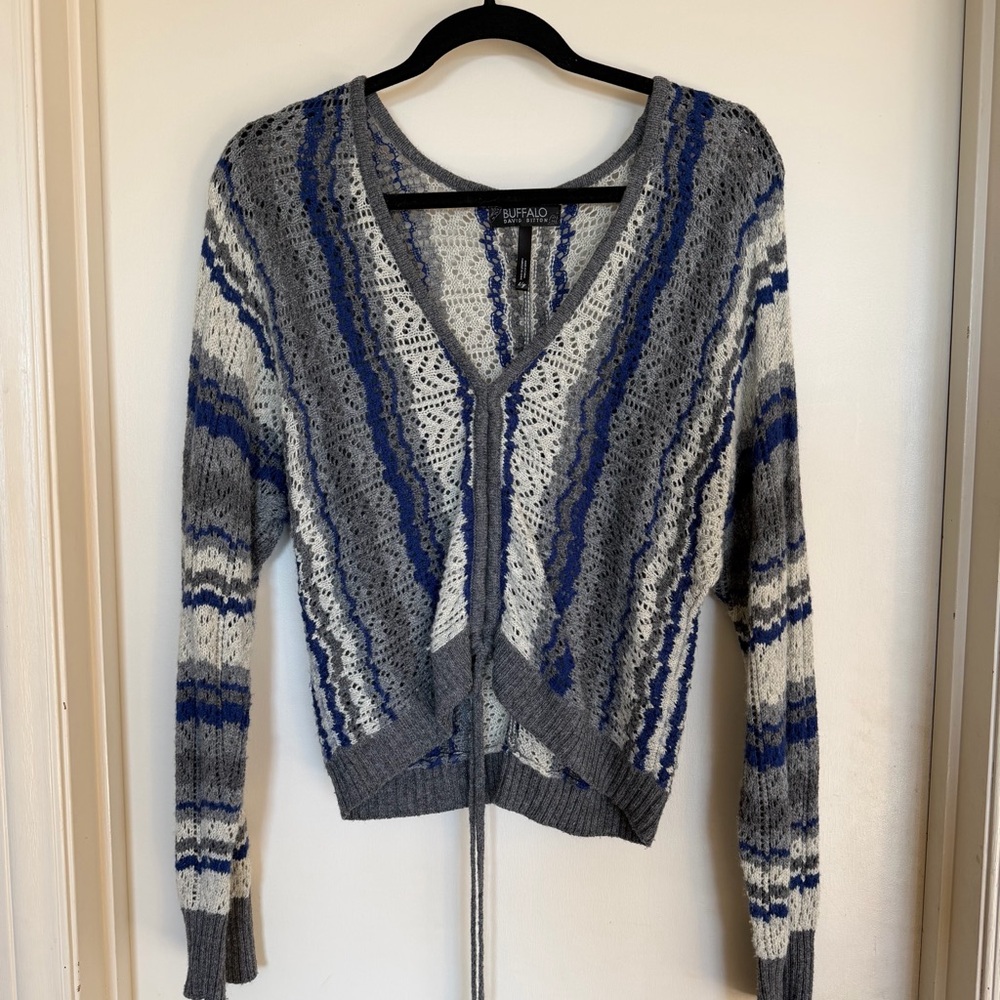 Buffalo David Bitton Women's Knit V-Neck Sweater in Gray, Blue and White Size L